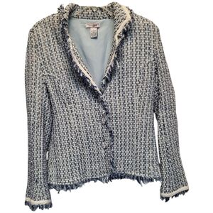 Louise Paris Blue White Tweed Blazer Frayed Hems Cropped Fit - Size L Juniors